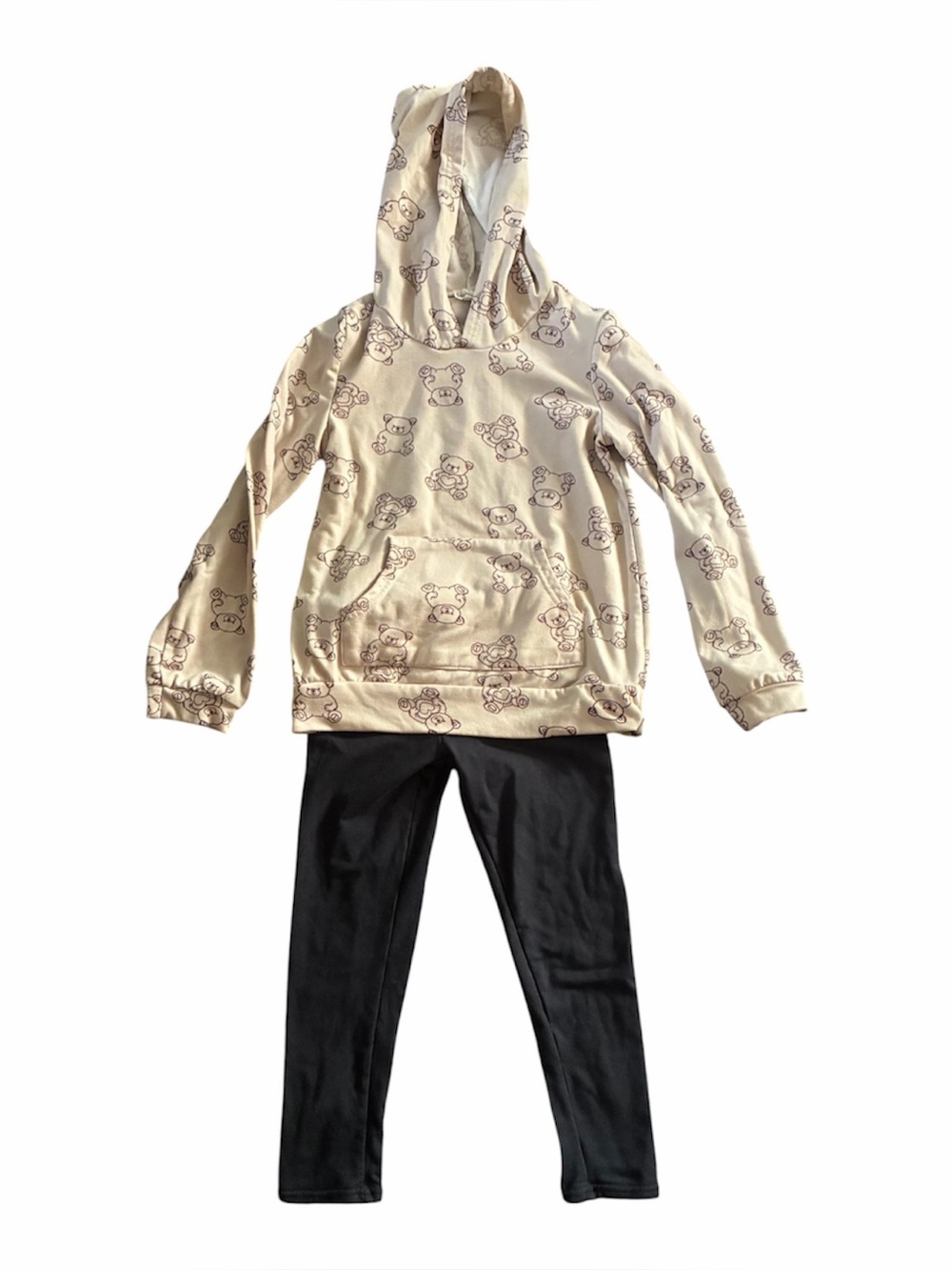 Beige Bear-Print Hoodie & Black Leggings Kids Set